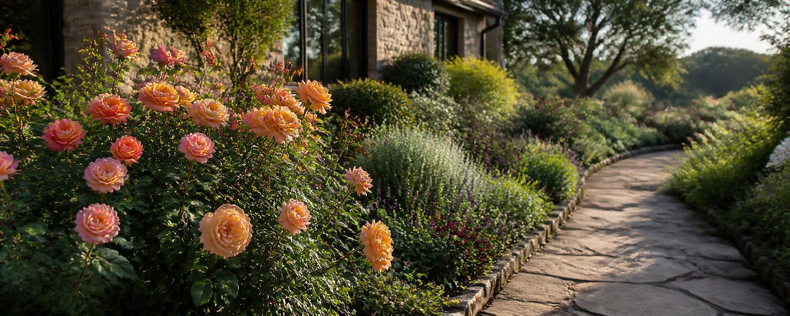 Established residential garden bed of blooming peach and pink roses with lavender and ornamental plants along a curving flagstone garden path in warm morning light