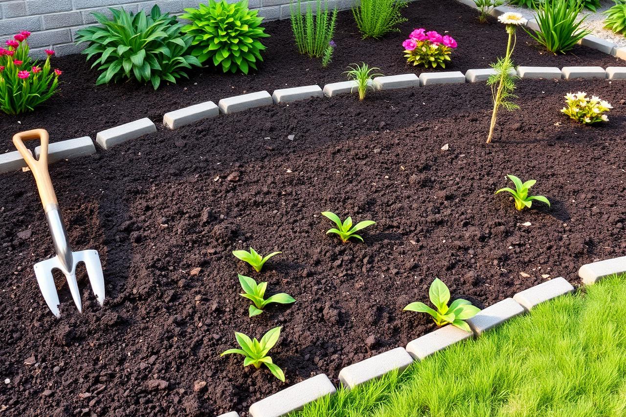 Freshly hand-weeded residential landscape bed with crisp edges, clean soil and healthy ornamental plants