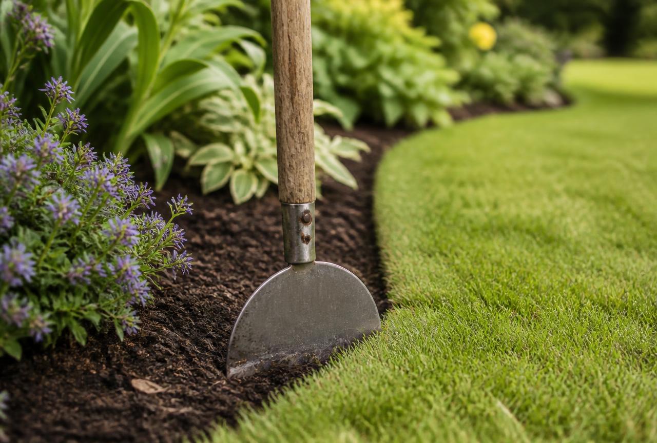 Edging spade cutting a clean defined border between a mulched flower bed and a manicured green lawn
