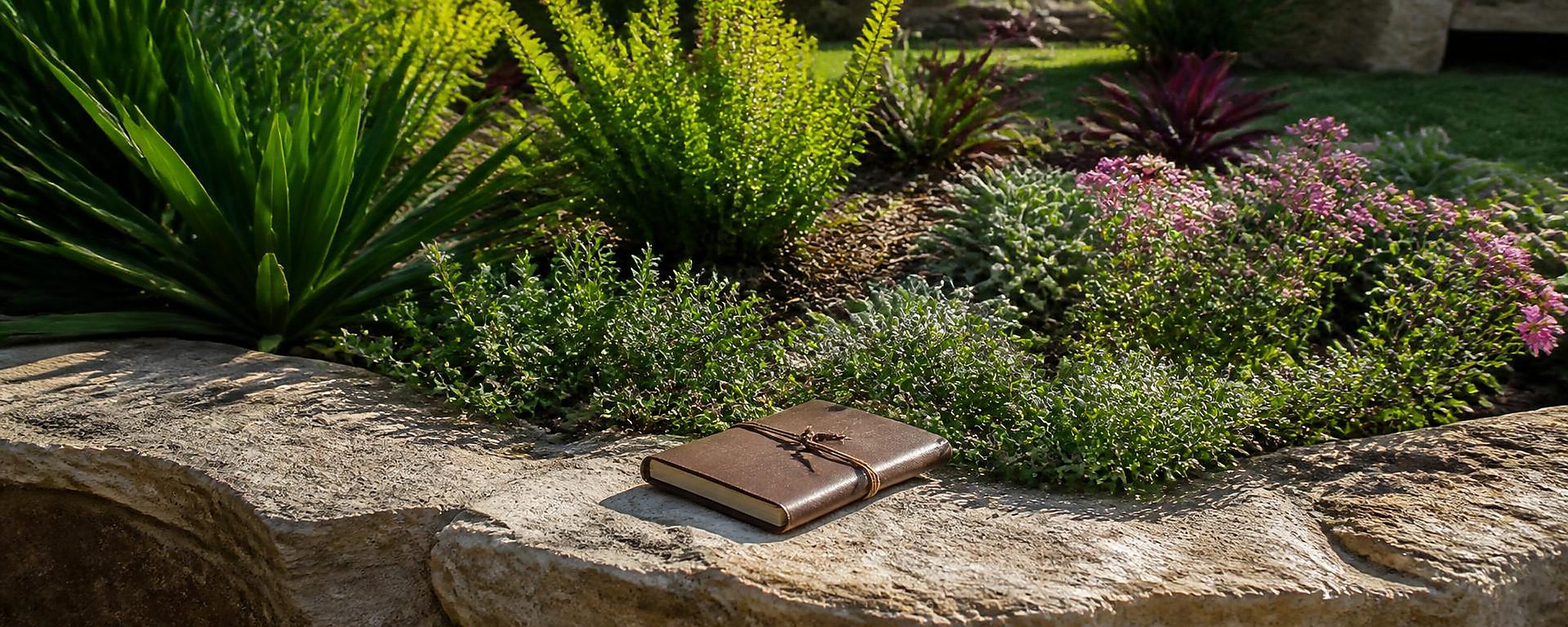 Seasonal garden detail of healthy ornamental grasses, ferns and pink flowering perennials with a leather gardening notebook resting on a limestone ledge