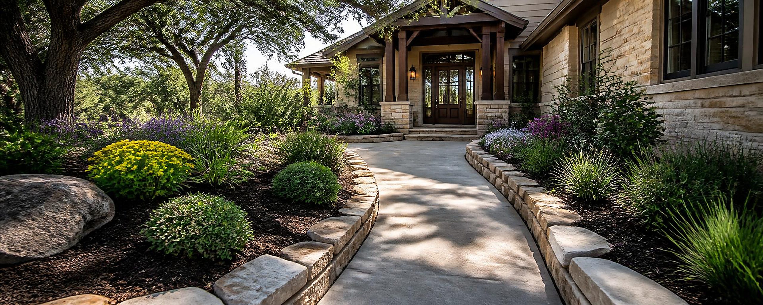 Welcoming residential garden entrance with a stone walkway leading to a covered front door, flanked by colorful plantings, shaped shrubs and layered stone bed borders