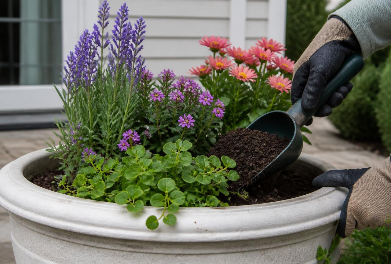 Potting scoop adding fresh potting soil around colorful flowers in an elegant outdoor planter near a residential patio