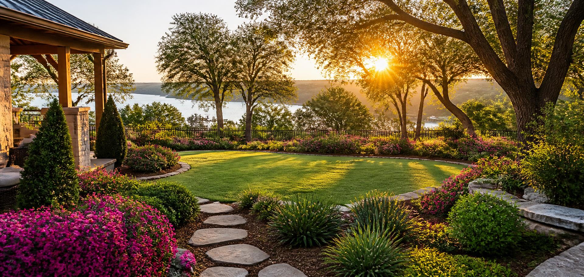 Lush residential Hill Country garden at golden hour with flower beds, shaped shrubs, stone pathway and a view of Lake LBJ, maintained by LBJ Gardens