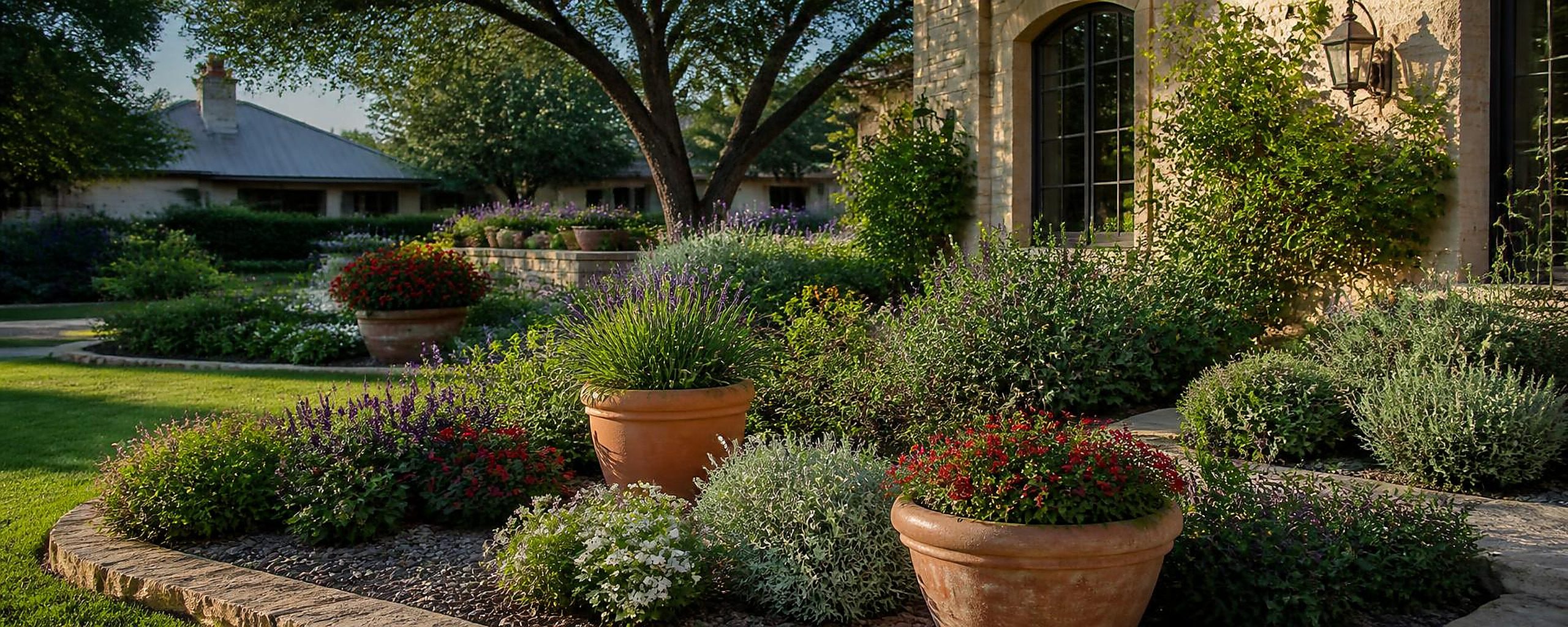 Showcase residential garden with layered planting beds, terracotta container plantings of lavender and red flowers, and clean stone borders at a Texas Hill Country home