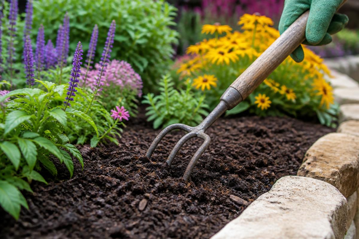 Gloved hands using a garden hand rake cultivator to tidy mulch in a healthy residential flower bed with blooming perennials and limestone stone edging