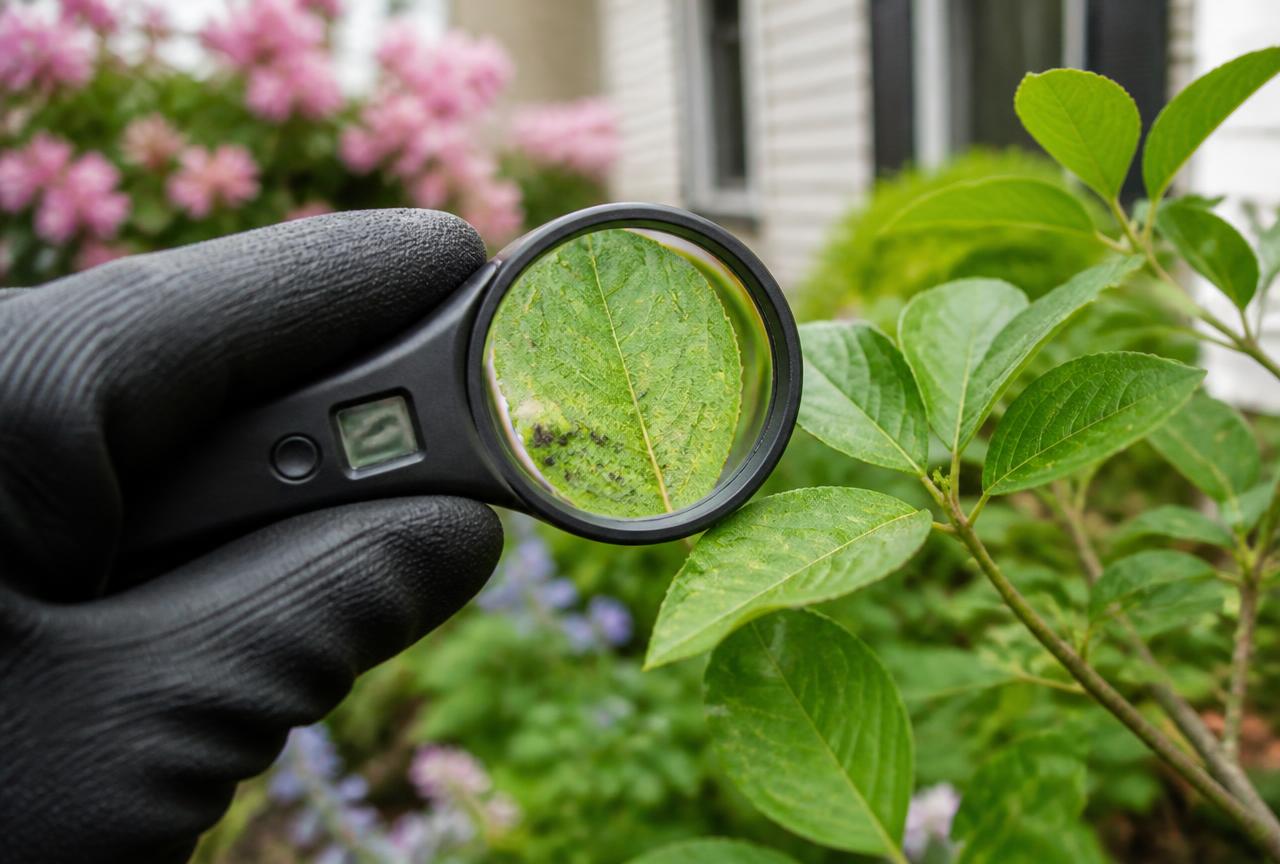 Magnifying plant inspection lens examining a leaf for early signs of pests, discoloration, and disease