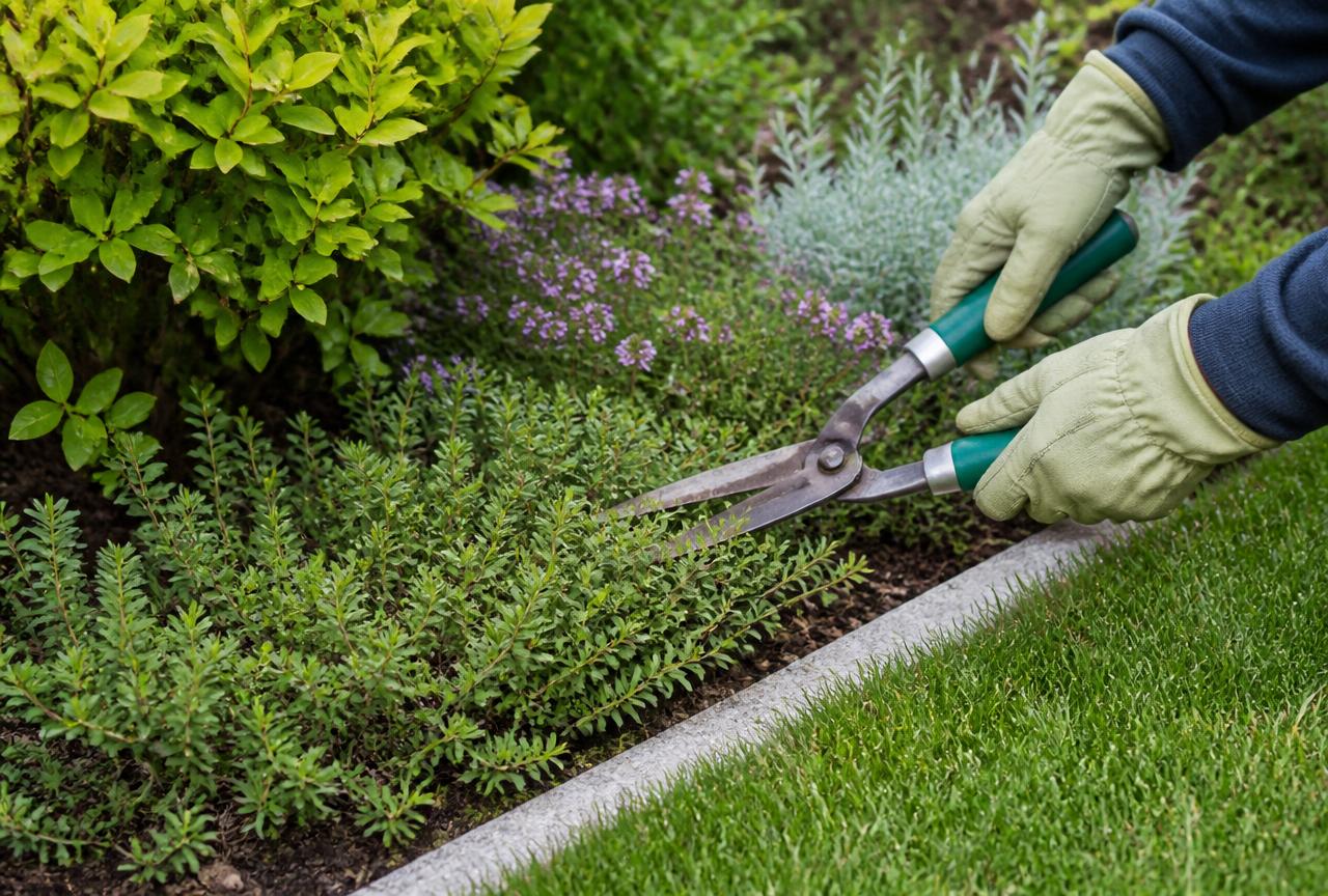 Hand grass shears trimming low ornamental greenery along a neat garden border beside a stone lawn edge
