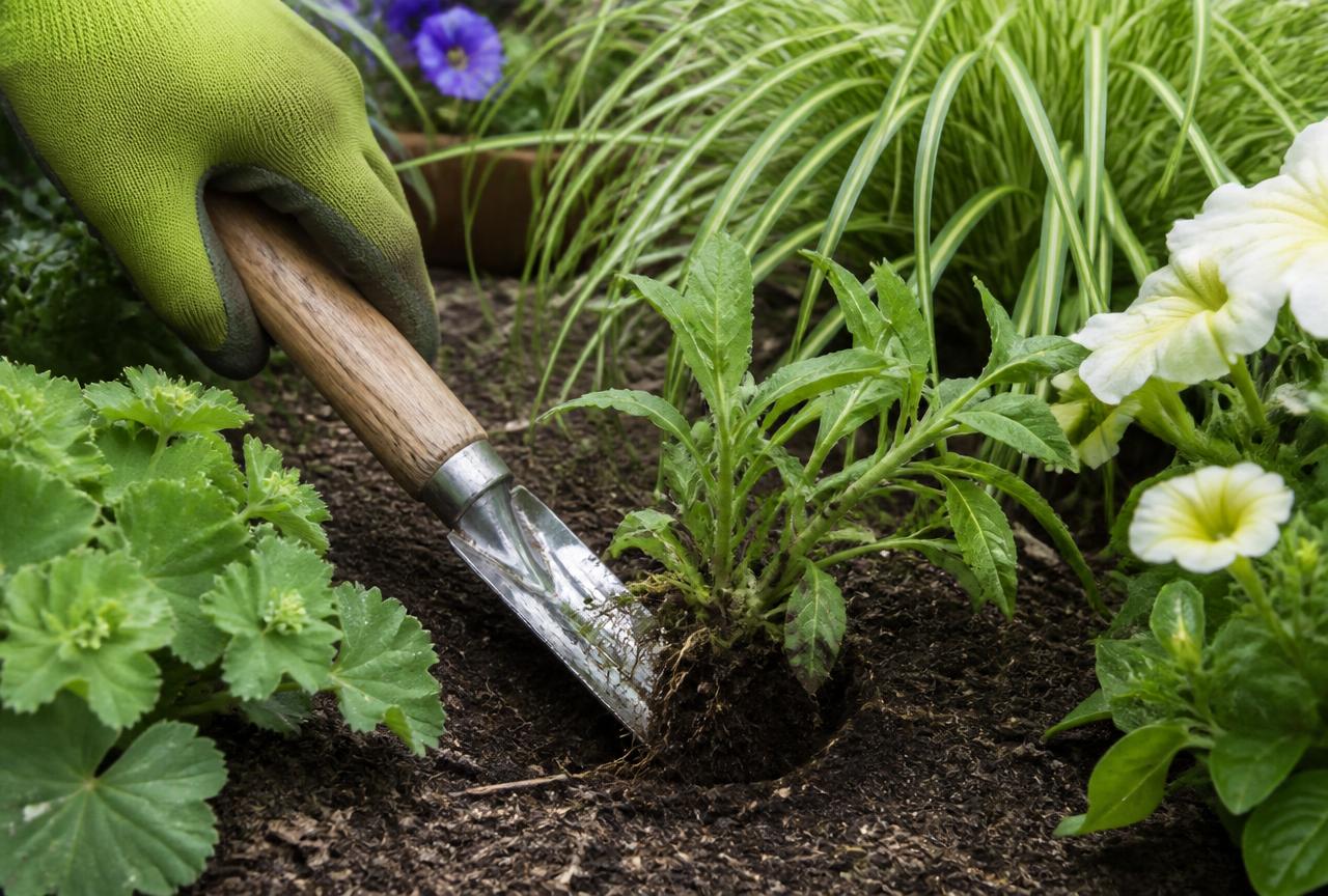 Hori-hori weeding knife lifting a weed out by the root between healthy ornamental plants without disturbing nearby flowers