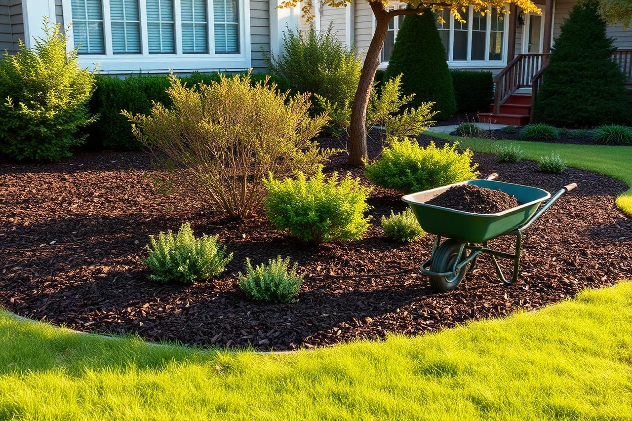 Residential garden bed finished with an even layer of dark mulch around healthy shrubs, with a wheelbarrow of mulch nearby