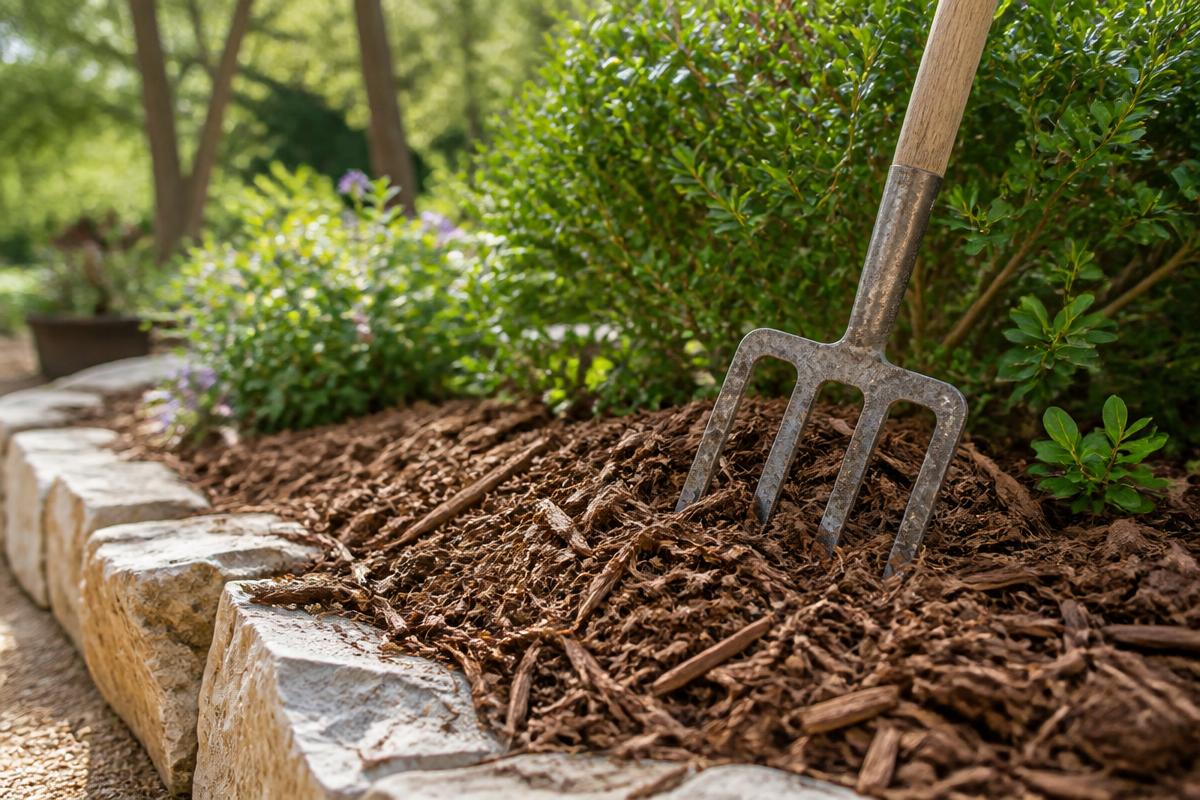 Mulch fork spreading an even layer of natural brown hardwood mulch around shrubs in a stone-bordered garden bed
