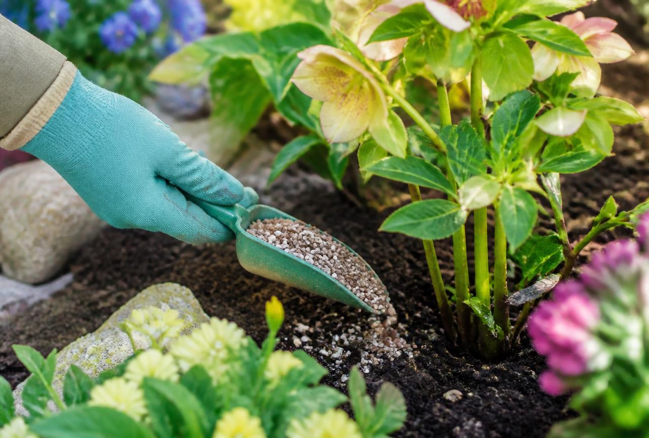 Small scoop applying measured organic fertilizer granules around the root area of healthy flowering garden plants