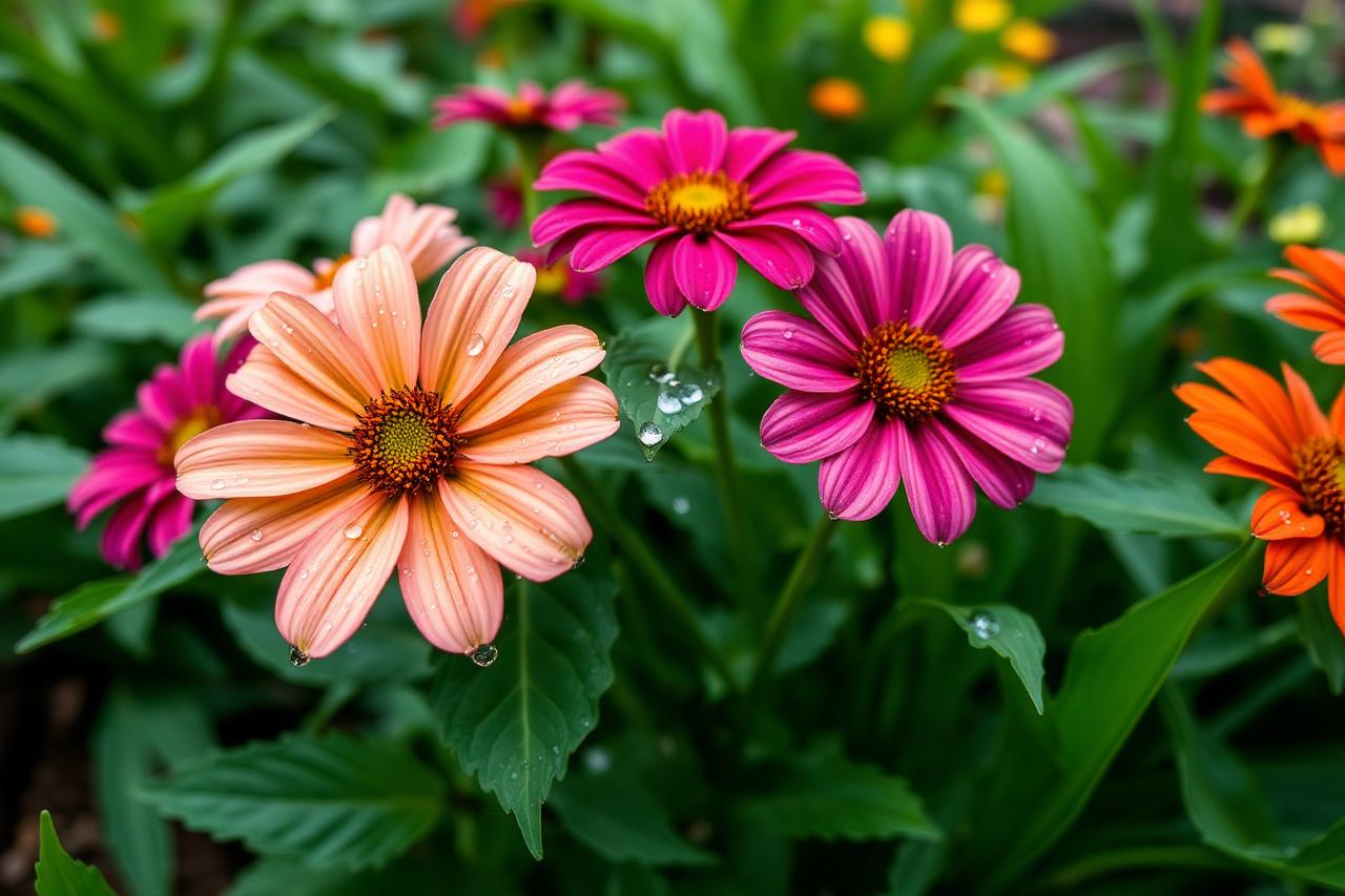 Vibrant healthy perennial flowers with dew on glossy green leaves in a well cared for garden bed