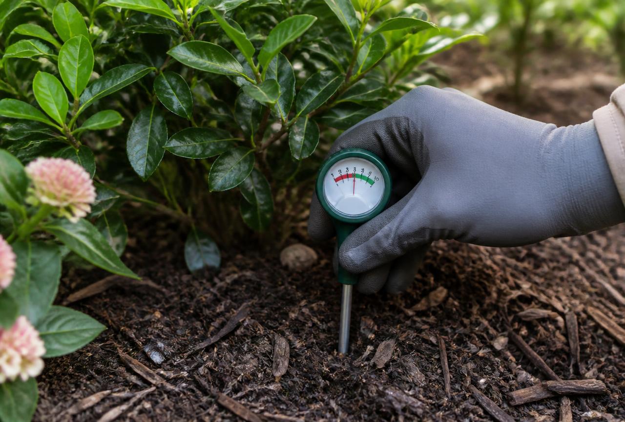 Soil moisture meter inserted near the root zone of an ornamental shrub to check garden soil moisture conditions