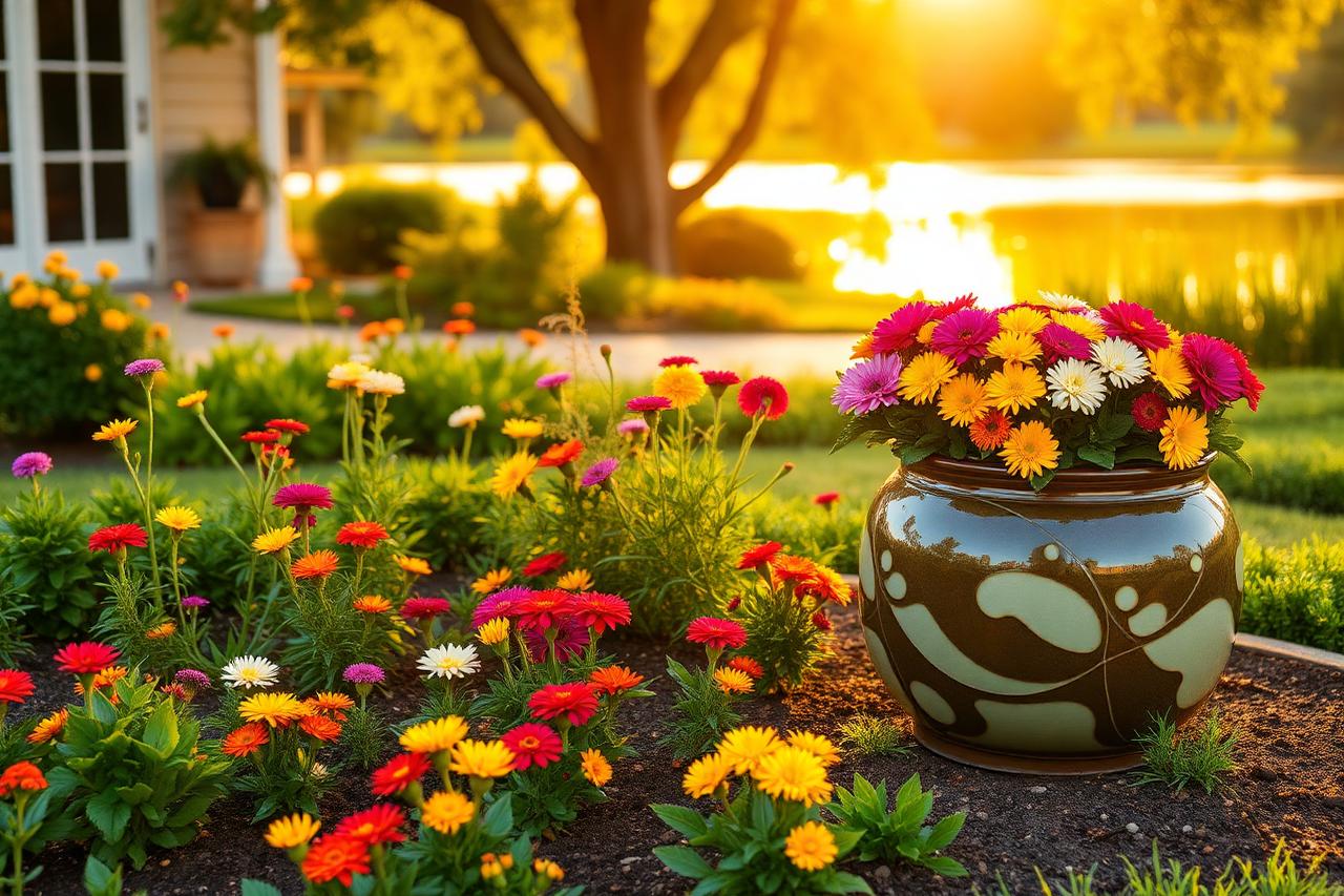 Colorful seasonal flower planting and a large glazed outdoor container of blooms beside a lake at golden hour
