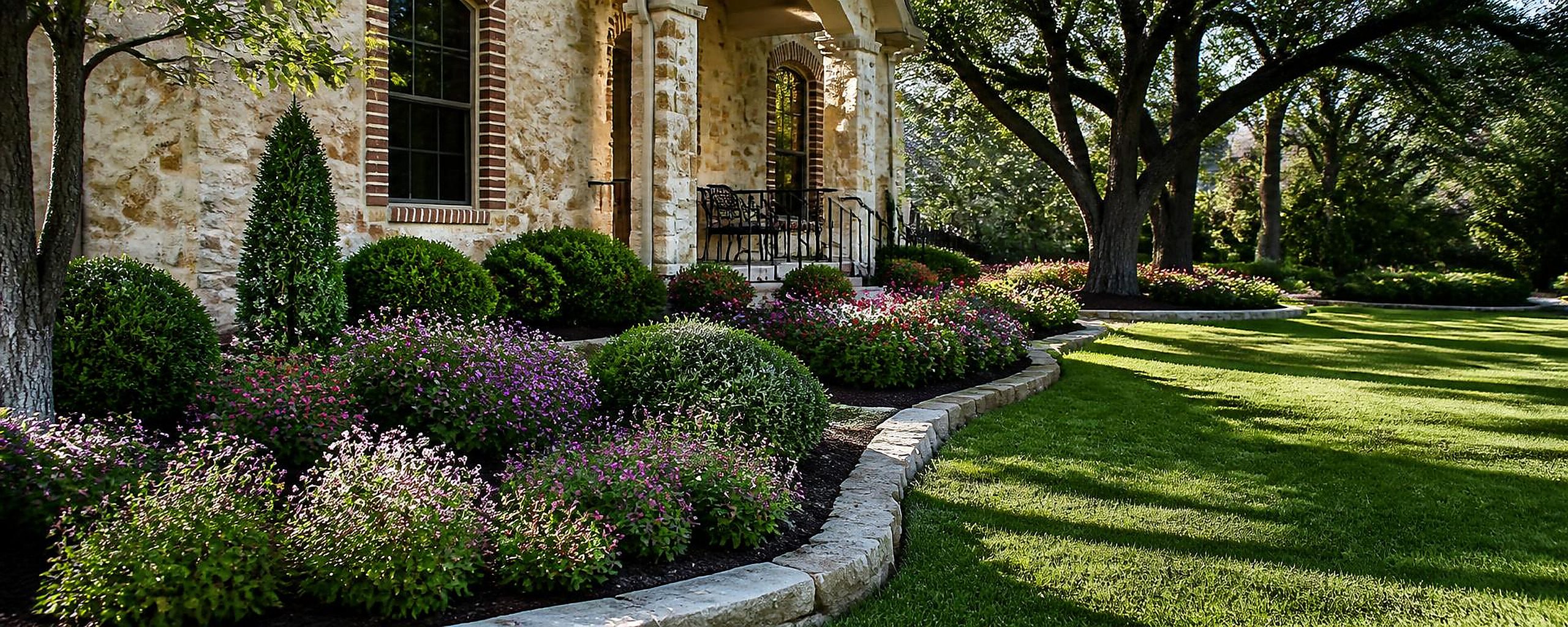 Freshly maintained landscape bed with trimmed flowering shrubs, crisp stone edging and dark mulch beside a manicured lawn, with a pair of hand pruning shears resting on the border