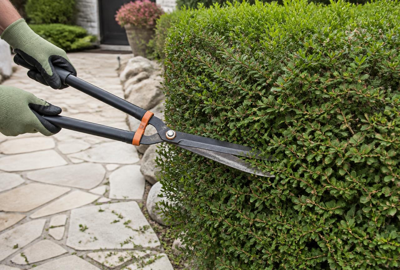 Long hedge shears evenly shaping the outer edge of a dense ornamental shrub beside a flagstone residential walkway