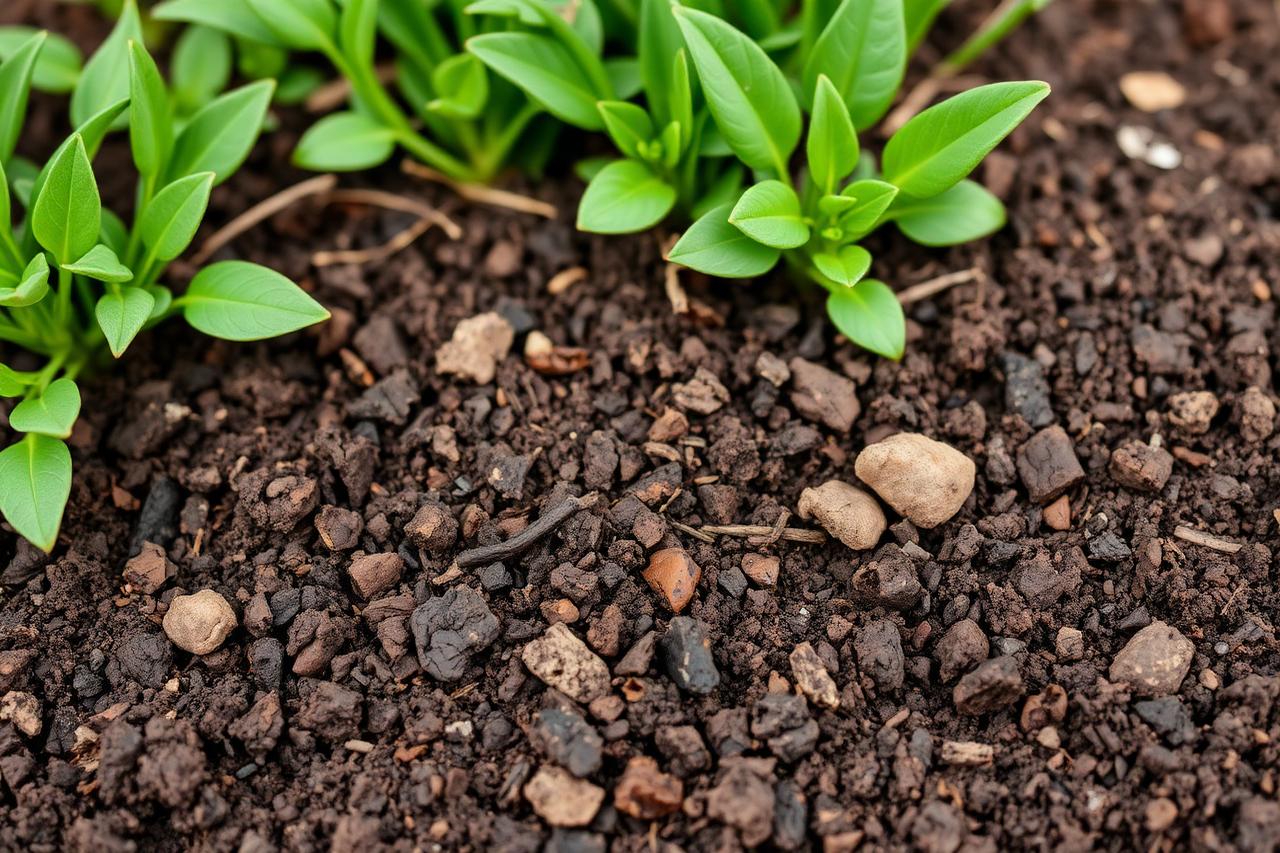 Rich dark garden soil amended with organic compost around healthy green perennial foliage