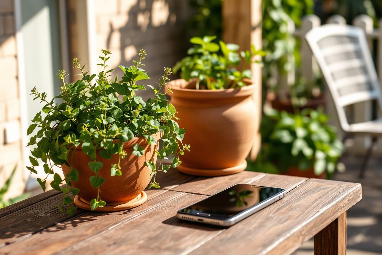 Smartphone on a sunny patio table beside potted plants, ready to call LBJ Gardens for residential garden care
