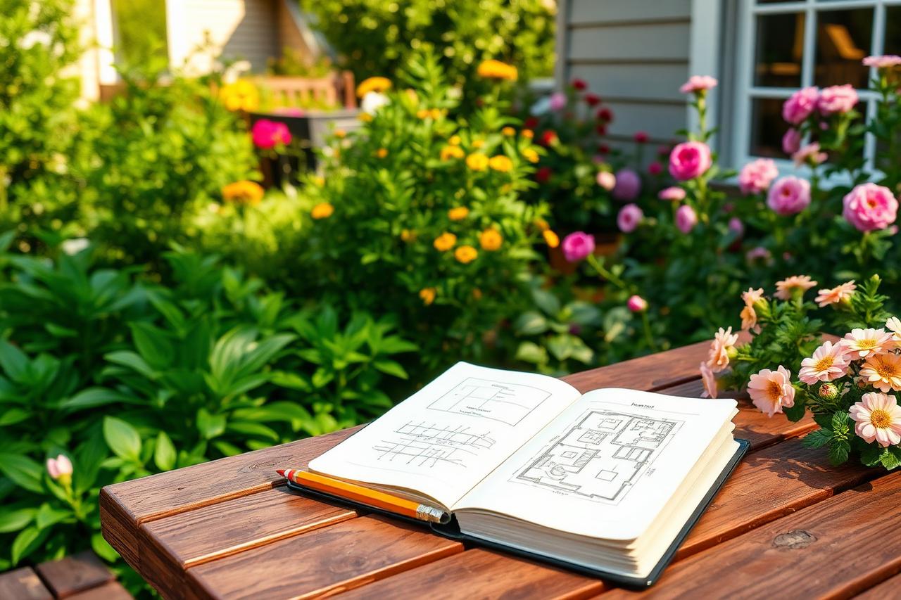 Open notebook with a hand-drawn garden layout on an outdoor table surrounded by blooming flowers