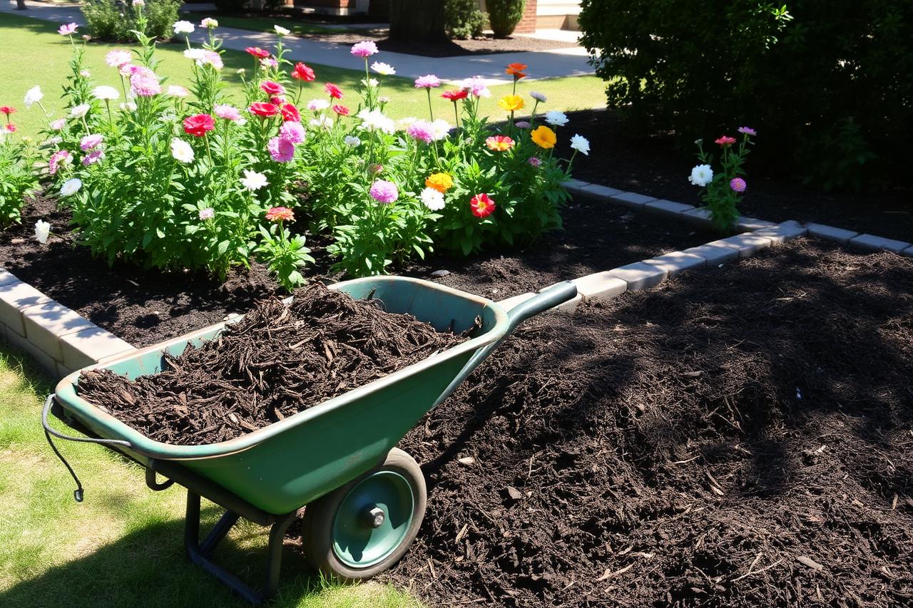 Wheelbarrow of fresh mulch beside a flowering residential garden bed during hands-on garden care work