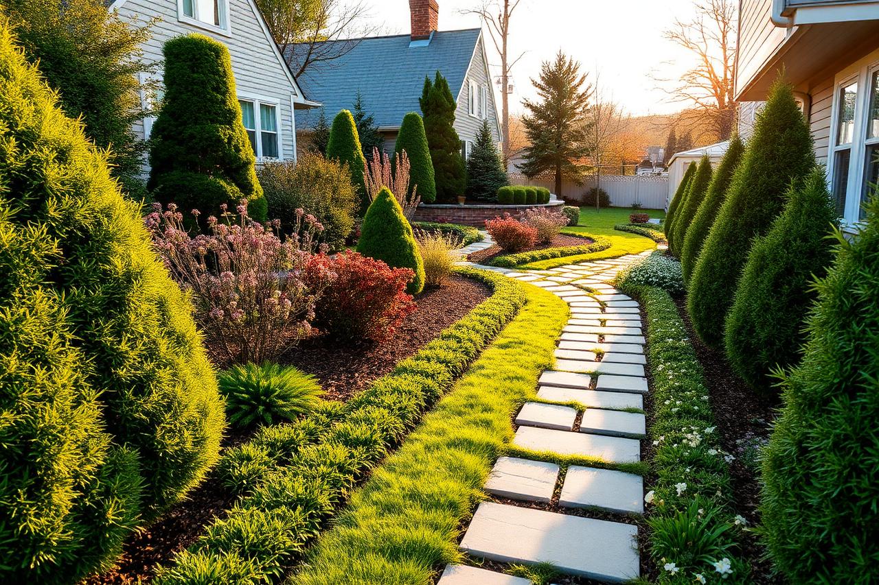 Immaculately maintained residential garden with crisp bed edges and shaped shrubs at golden hour
