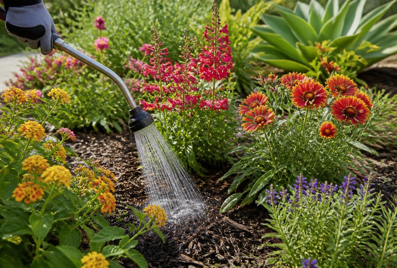 Watering wand gently watering the soil at the base of colorful heat-tolerant summer flowers in bright daylight