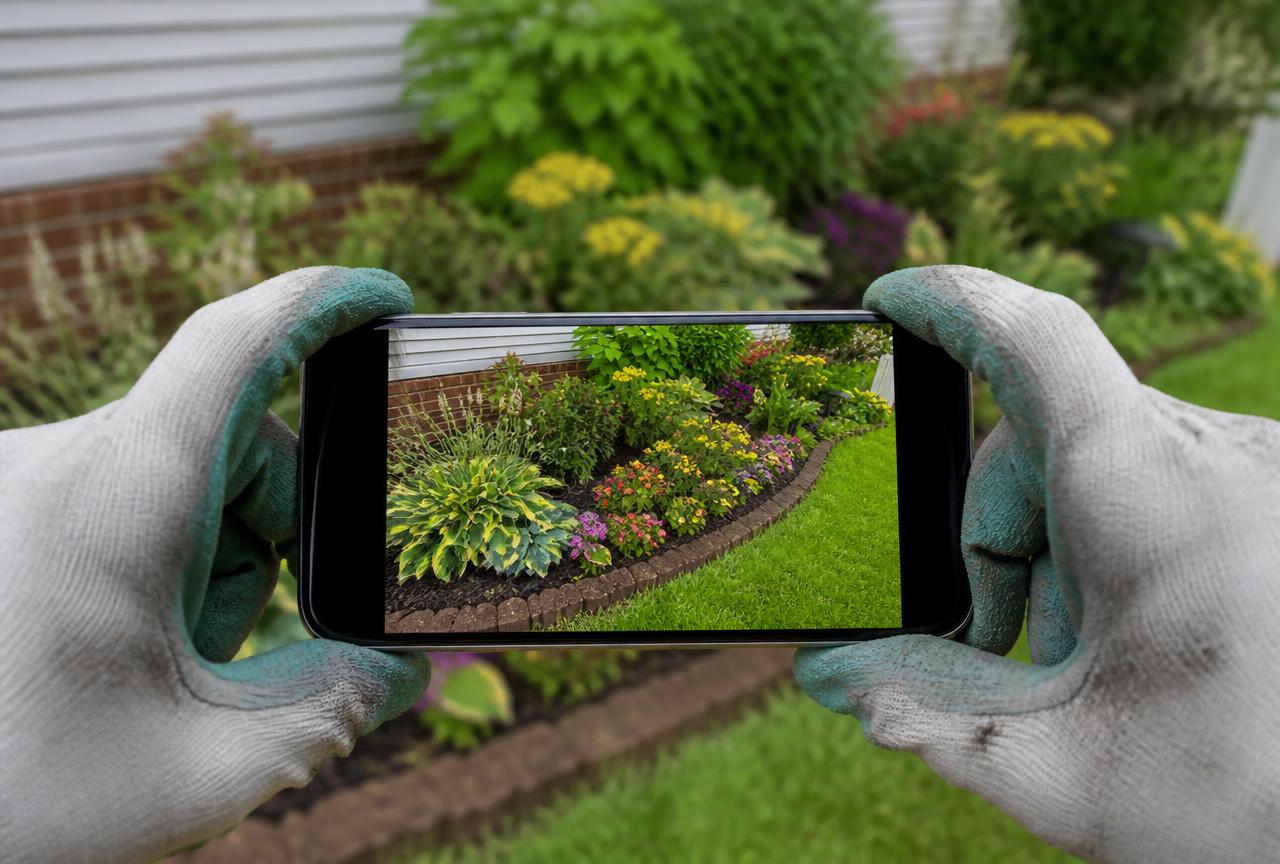 Gloved hands photographing a freshly maintained colorful residential garden bed with a smartphone for an away client