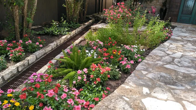 Walkway flower bed cared for by LBJ Gardens at a residential property in Kingsland, Texas near Lake LBJ
